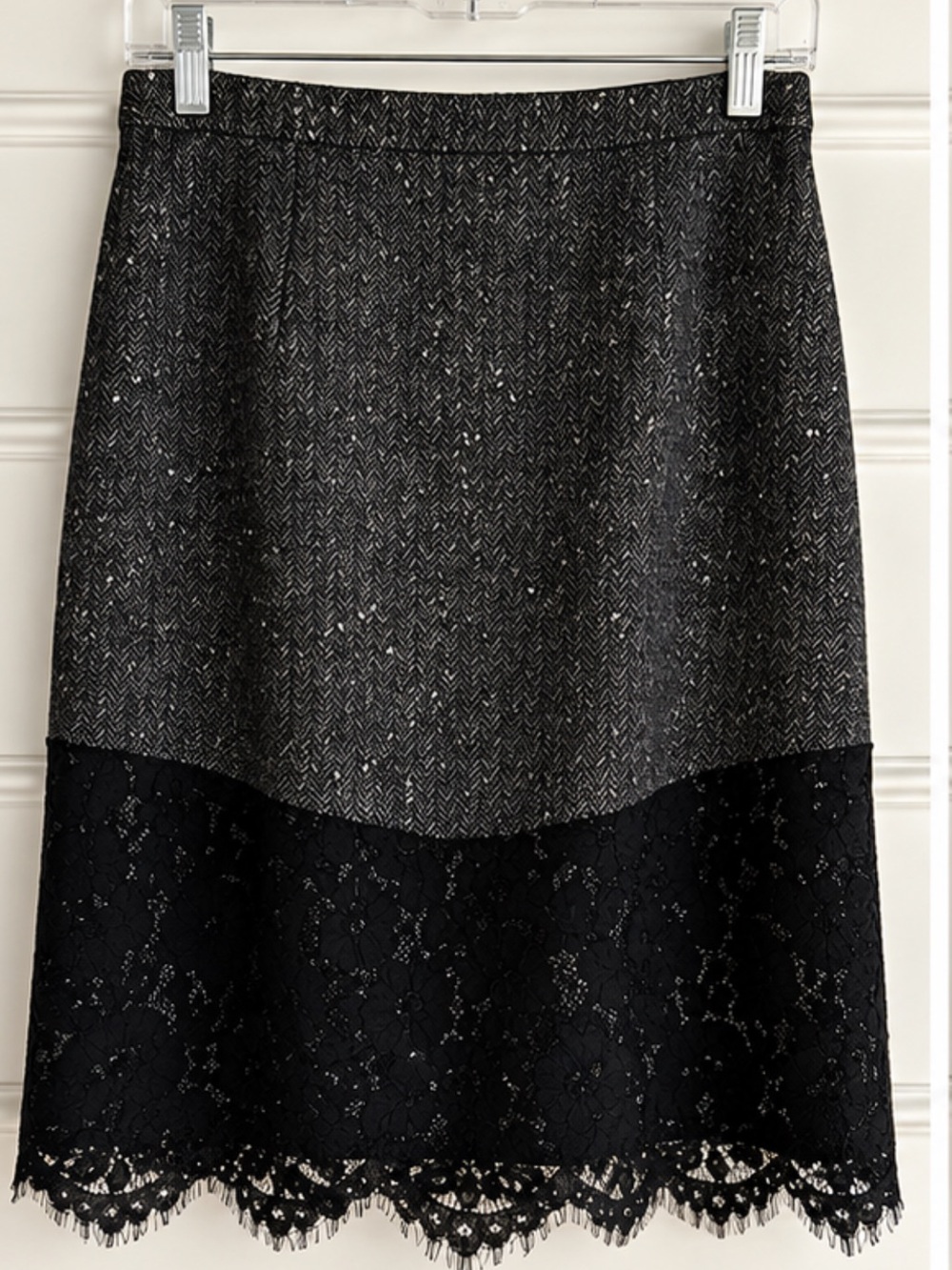 J. Crew Black and Gray Tweed Midi Skirt with Lace Panel